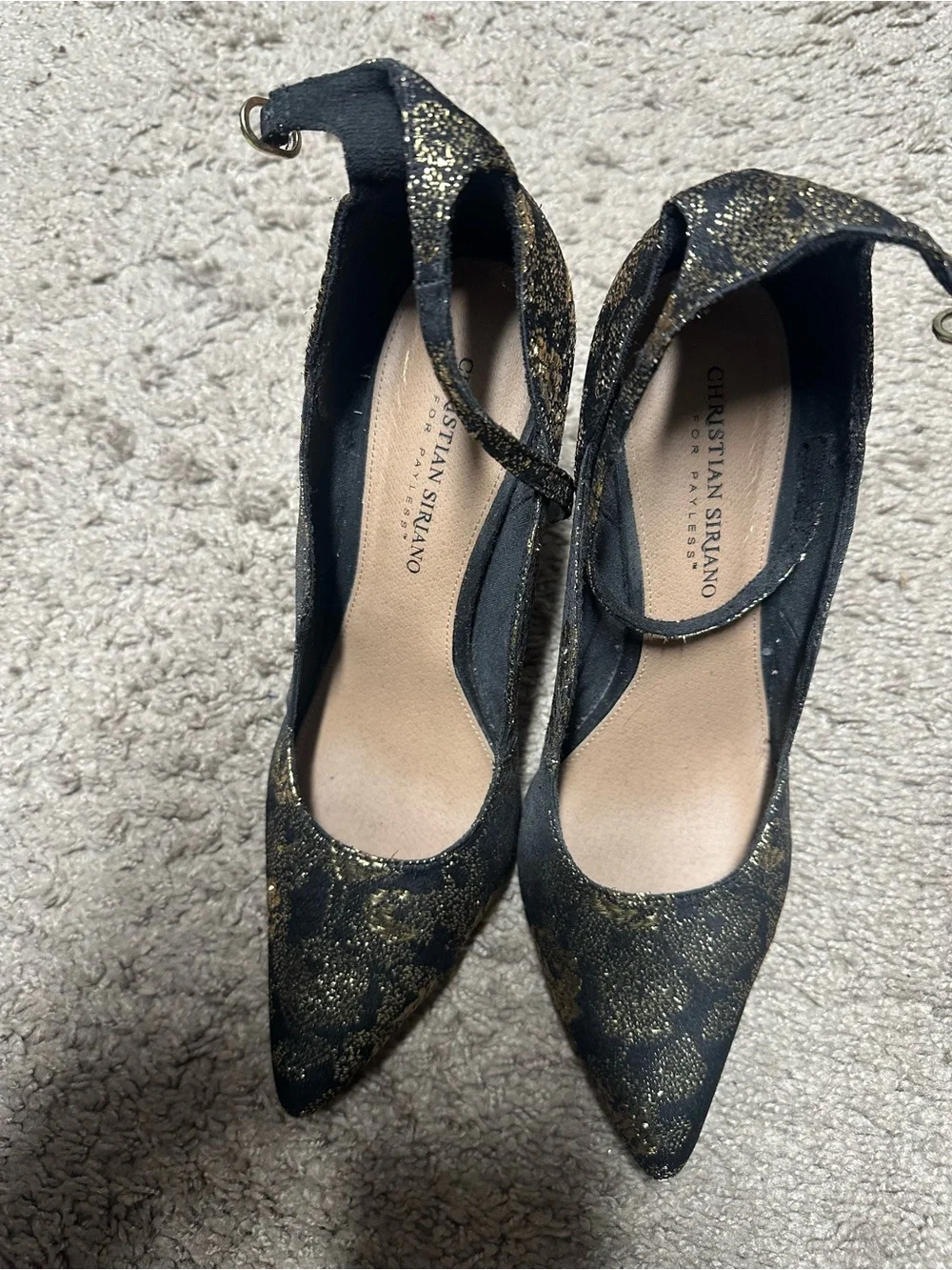 Christian Siriano Black and Gold Lace Pattern Pointed Toe Heels